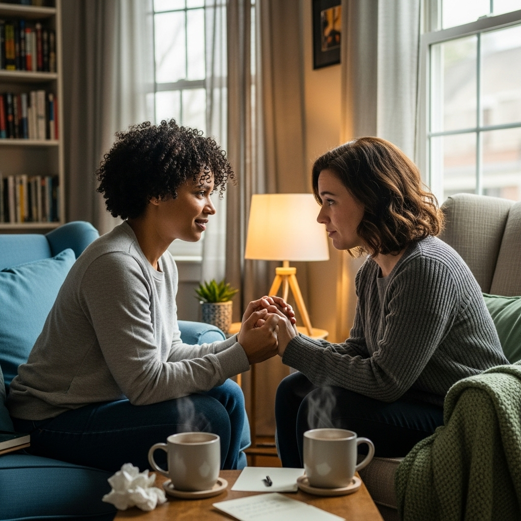 Two women sharing a comforting, supportive conversation in a warm living room