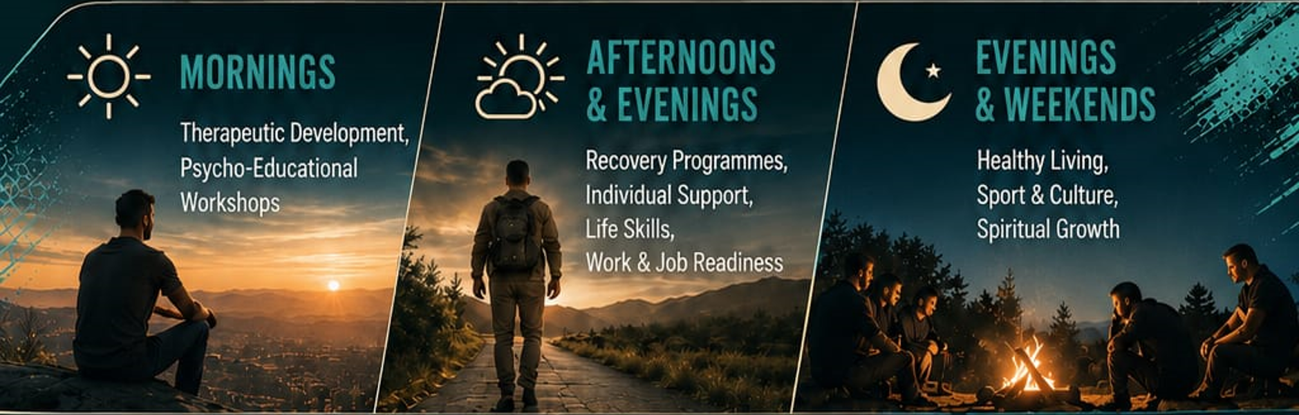 The daily rhythm at Kelim. Mornings: Therapeutic Development and Psycho-Educational Workshops. Afternoons and evenings: Recovery Programmes, Individual Support, Life Skills, and Work and Job Readiness. Evenings and weekends: Healthy Living, Sport and Culture, and Spiritual Growth.