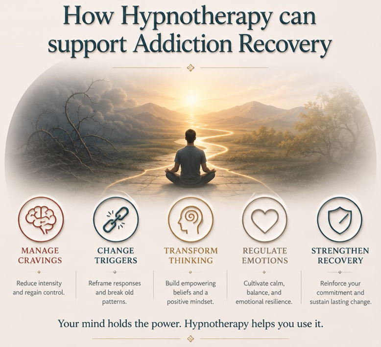 How hypnotherapy can support addiction recovery: manage cravings to reduce intensity and regain control, change triggers to reframe responses and break old patterns, transform thinking to build empowering beliefs, regulate emotions to cultivate calm and resilience, and strengthen recovery to sustain lasting change.